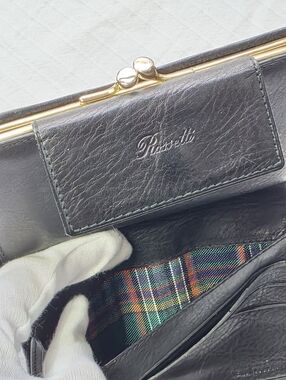 Vintage Rosetti Black Leather Patchwork Wallet Kiss Lock Coin Purse Tartan Linin